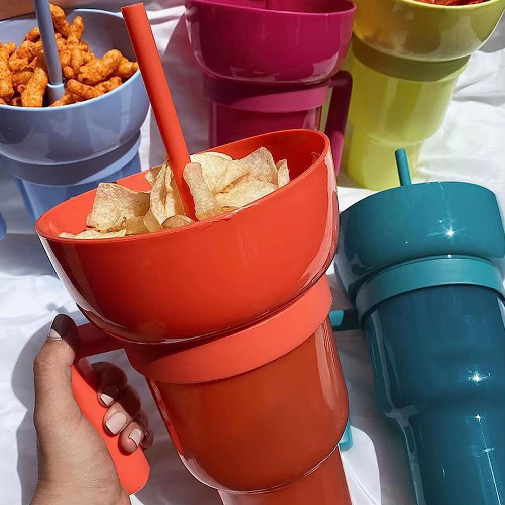 2-In-1 Snack Drink Cup Popcorn Water Cup Reusable Popcorn Drink Cup with Snack Bowl Straw Stadium Tumbler for Cinema Beverage