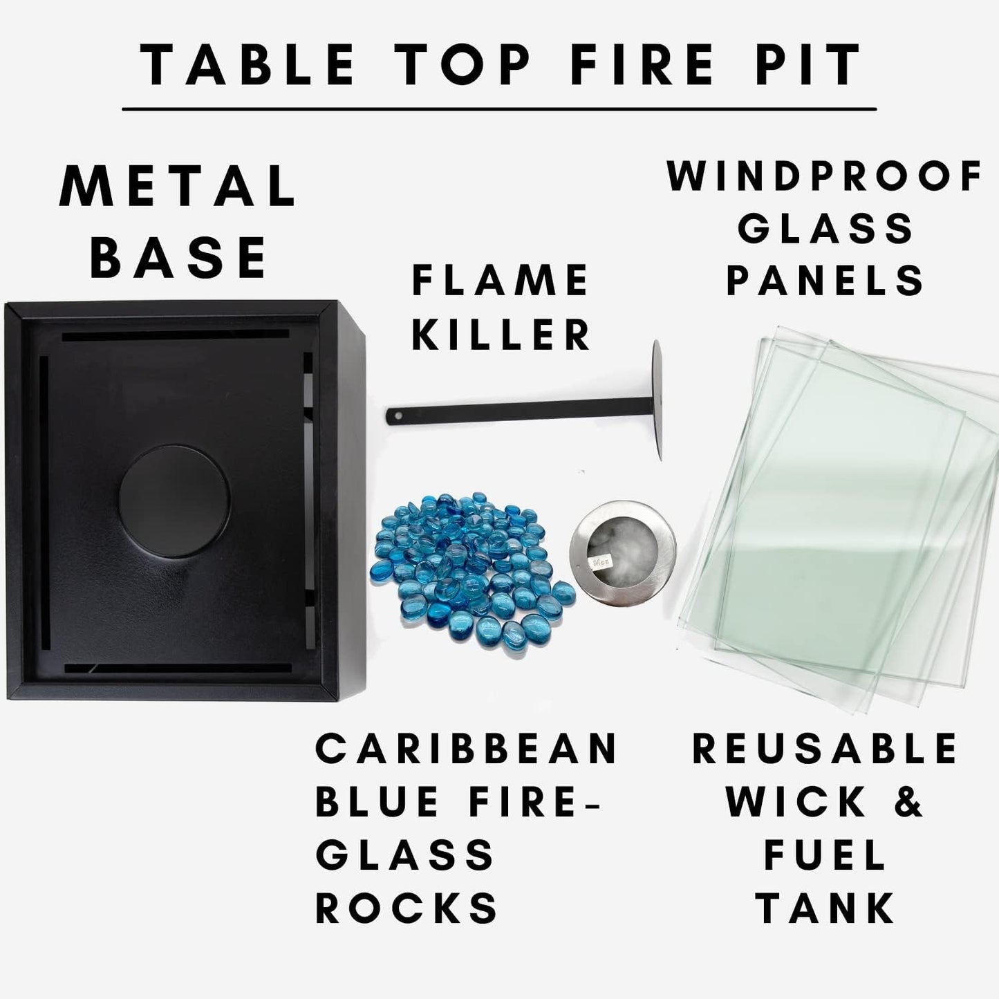 Table Top Fire Pit Bowl - Indoor Outdoor Mini Fire Pit - Experience Real Flames - Smokeless Ventless Tabletop Fireplace with Tempered Glass Panels - Metal Base Rocks Wick Fire Killer