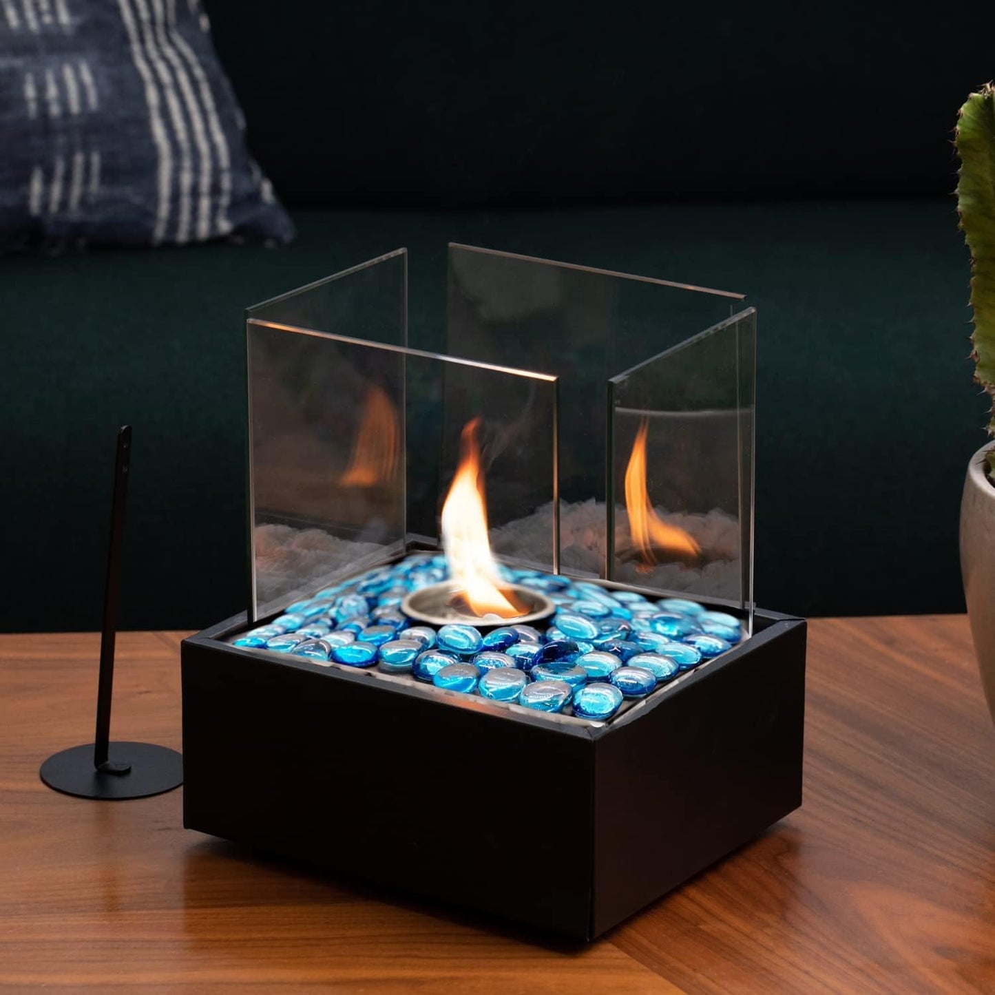 Table Top Fire Pit Bowl - Indoor Outdoor Mini Fire Pit - Experience Real Flames - Smokeless Ventless Tabletop Fireplace with Tempered Glass Panels - Metal Base Rocks Wick Fire Killer