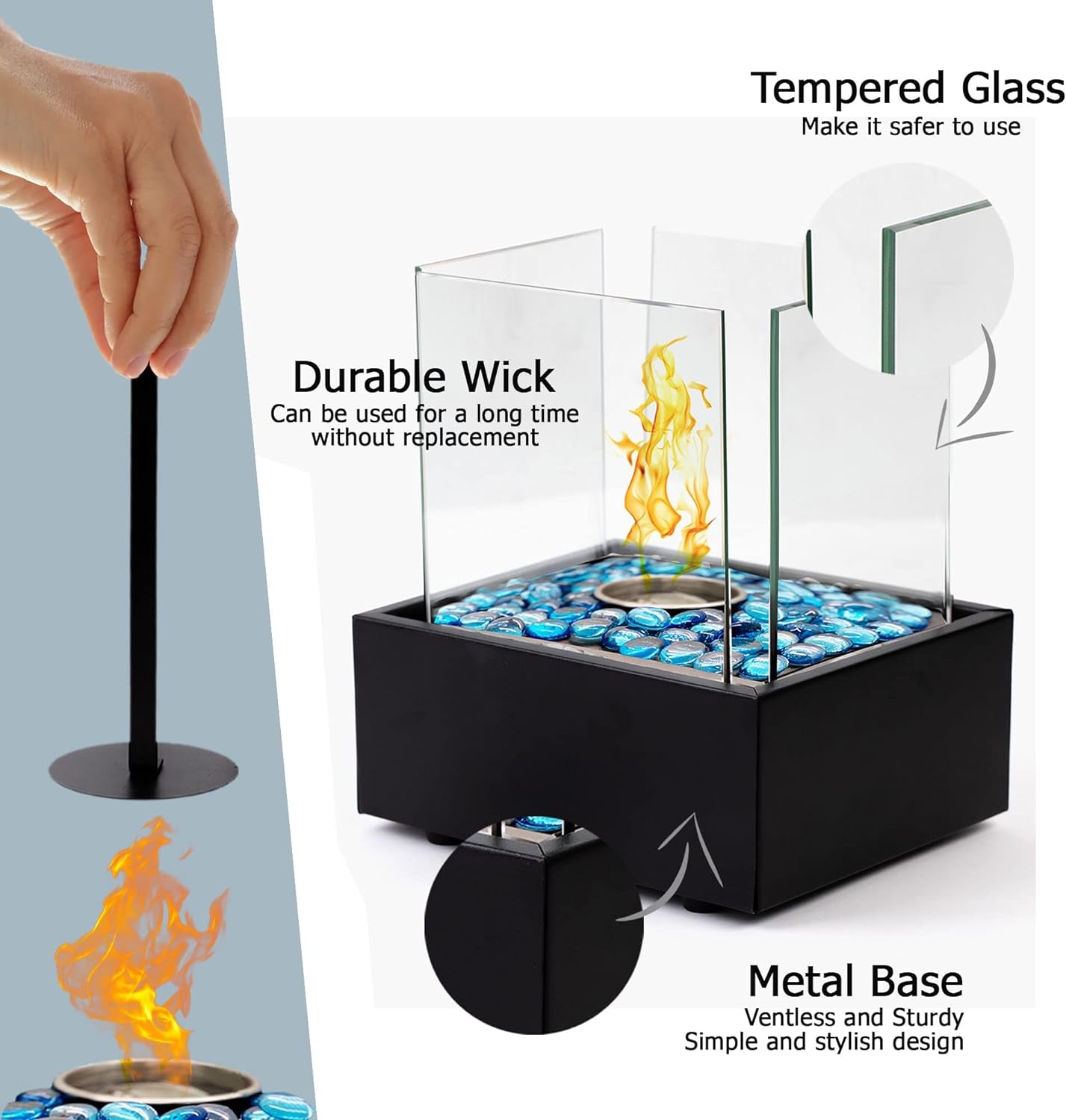 Table Top Fire Pit Bowl - Indoor Outdoor Mini Fire Pit - Experience Real Flames - Smokeless Ventless Tabletop Fireplace with Tempered Glass Panels - Metal Base Rocks Wick Fire Killer