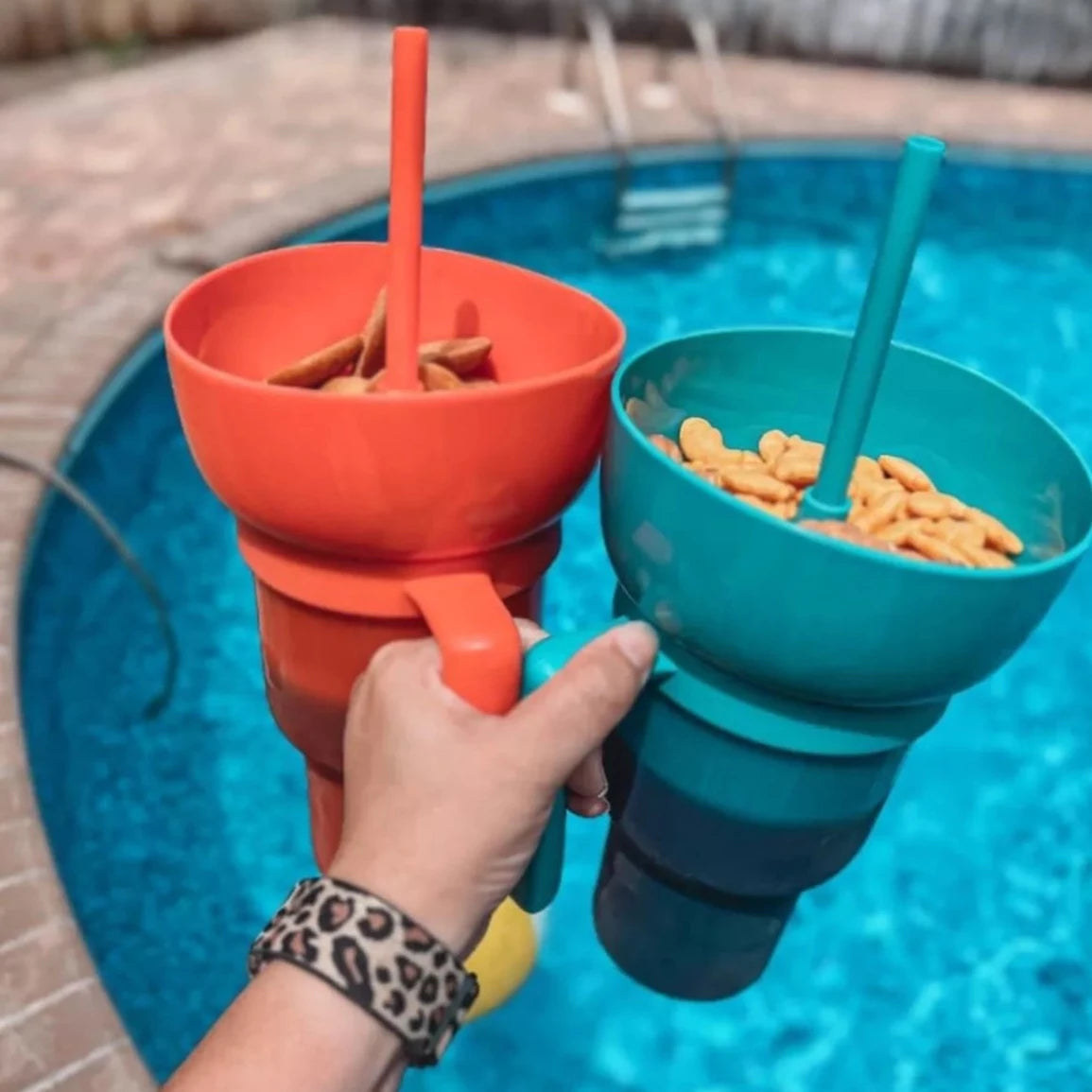 2-In-1 Snack Drink Cup Popcorn Water Cup Reusable Popcorn Drink Cup with Snack Bowl Straw Stadium Tumbler for Cinema Beverage