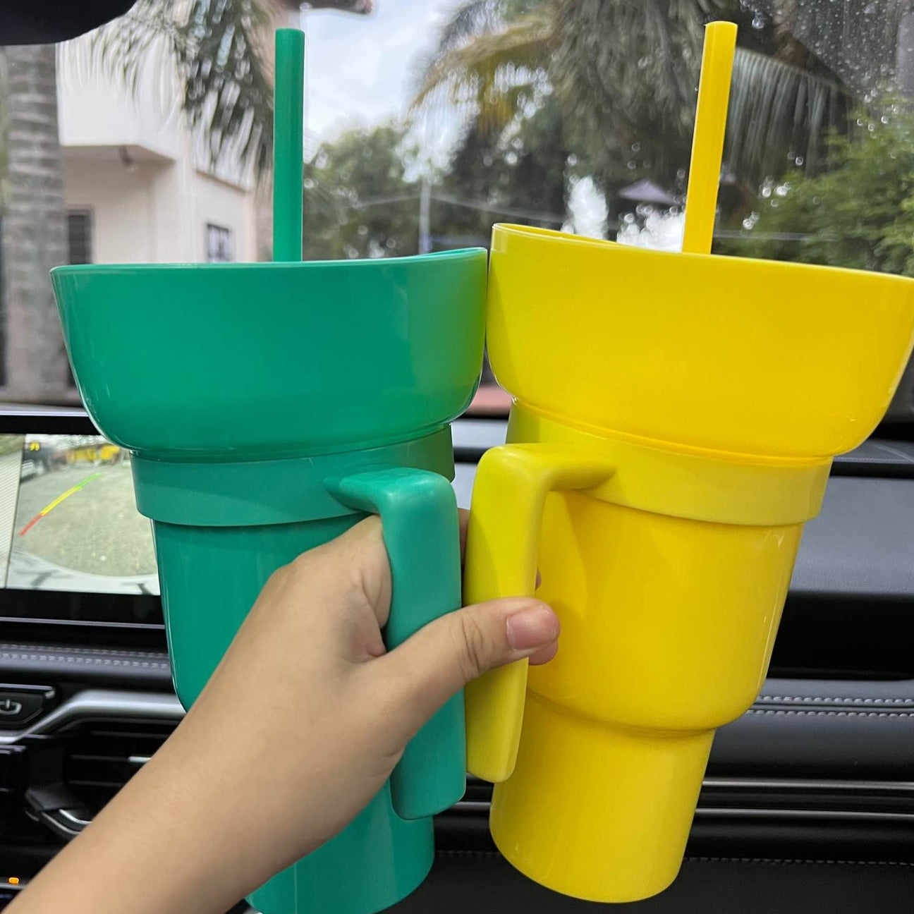 2-In-1 Snack Drink Cup Popcorn Water Cup Reusable Popcorn Drink Cup with Snack Bowl Straw Stadium Tumbler for Cinema Beverage