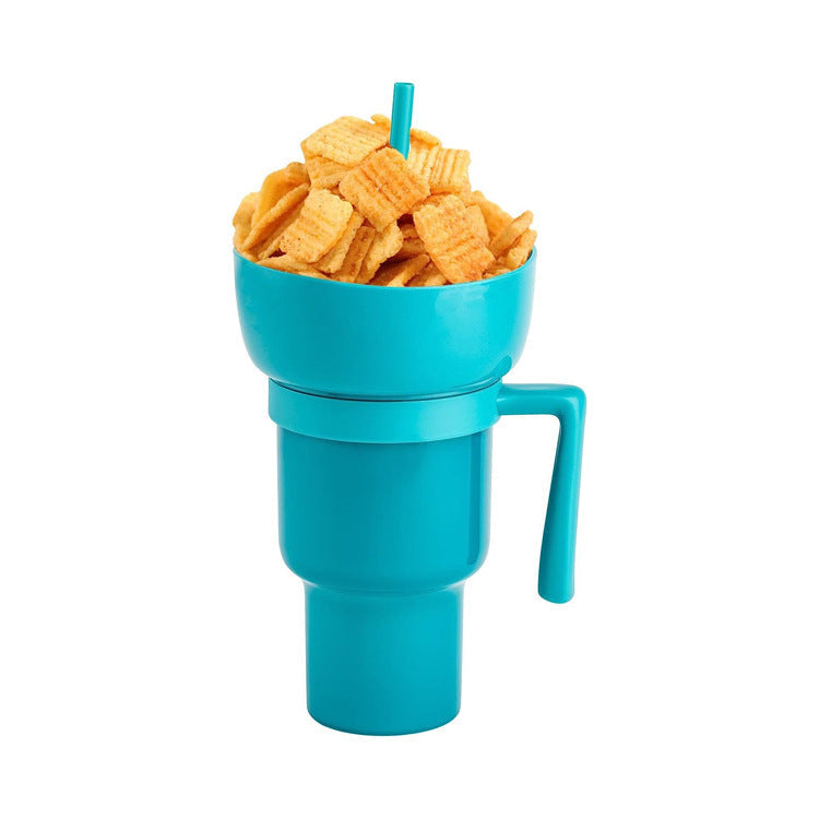 2-In-1 Snack Drink Cup Popcorn Water Cup Reusable Popcorn Drink Cup with Snack Bowl Straw Stadium Tumbler for Cinema Beverage