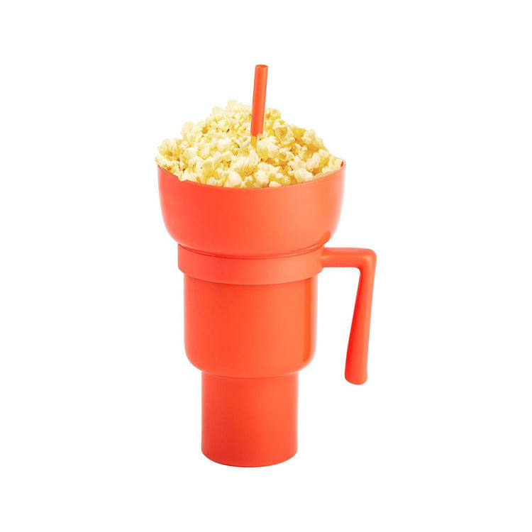 2-In-1 Snack Drink Cup Popcorn Water Cup Reusable Popcorn Drink Cup with Snack Bowl Straw Stadium Tumbler for Cinema Beverage