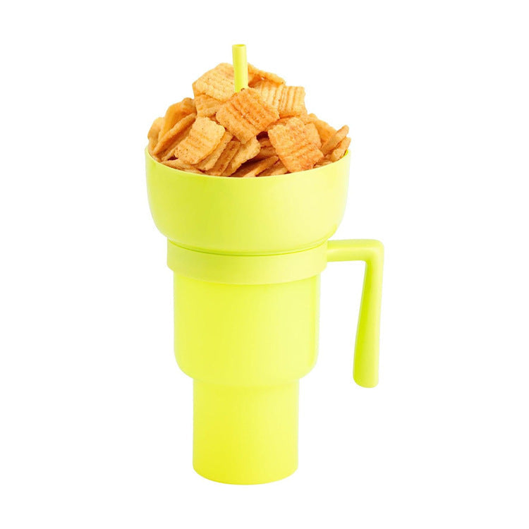 2-In-1 Snack Drink Cup Popcorn Water Cup Reusable Popcorn Drink Cup with Snack Bowl Straw Stadium Tumbler for Cinema Beverage