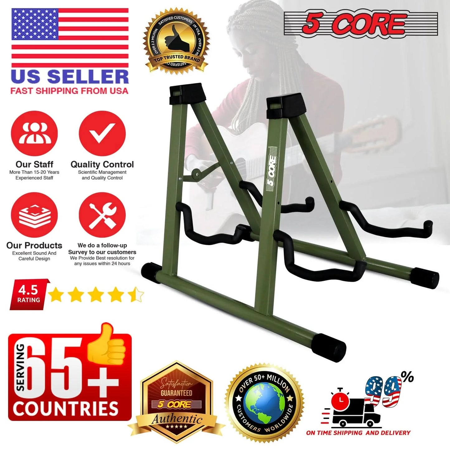 5Core Double Guitar Stand Floor Adjustable a Frame Folding Acoustic Electric Guitars Holder Stands