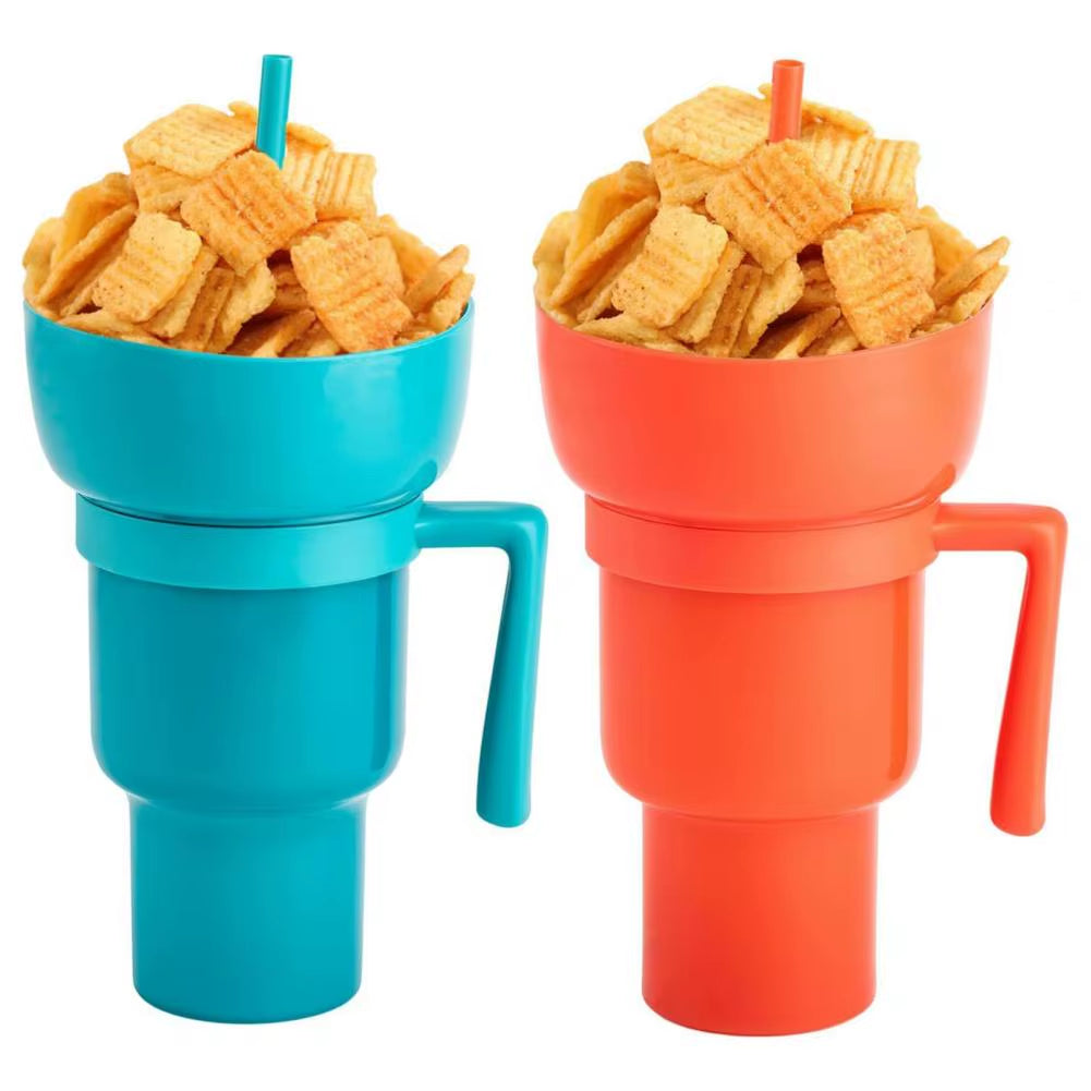 2-In-1 Snack Drink Cup Popcorn Water Cup Reusable Popcorn Drink Cup with Snack Bowl Straw Stadium Tumbler for Cinema Beverage