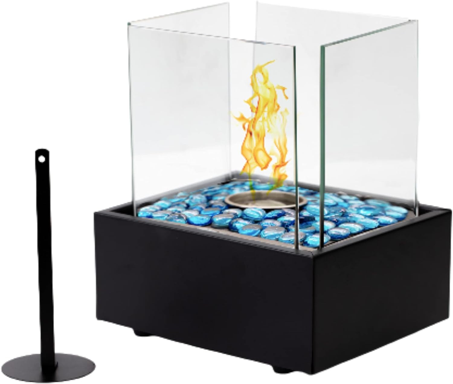 Table Top Fire Pit Bowl - Indoor Outdoor Mini Fire Pit - Experience Real Flames - Smokeless Ventless Tabletop Fireplace with Tempered Glass Panels - Metal Base Rocks Wick Fire Killer